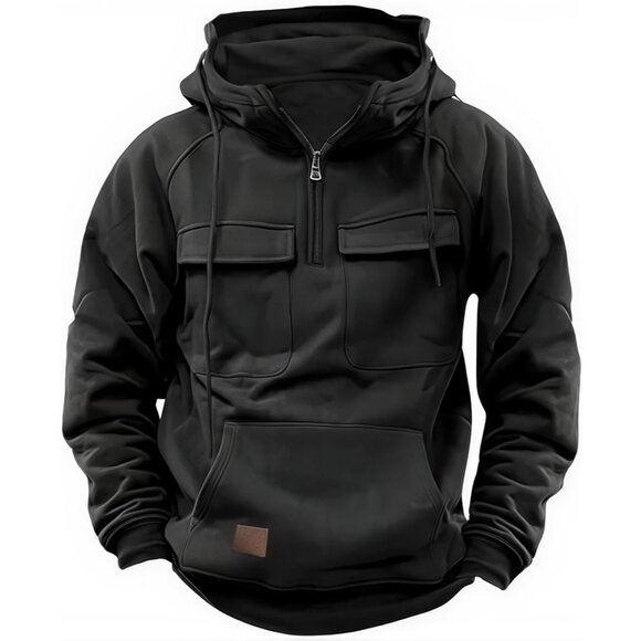 Black Tactical Hoodie for Men Quarter Zip Cargo Pullover Outdoor Sweatshirt - Picture 1 of 7